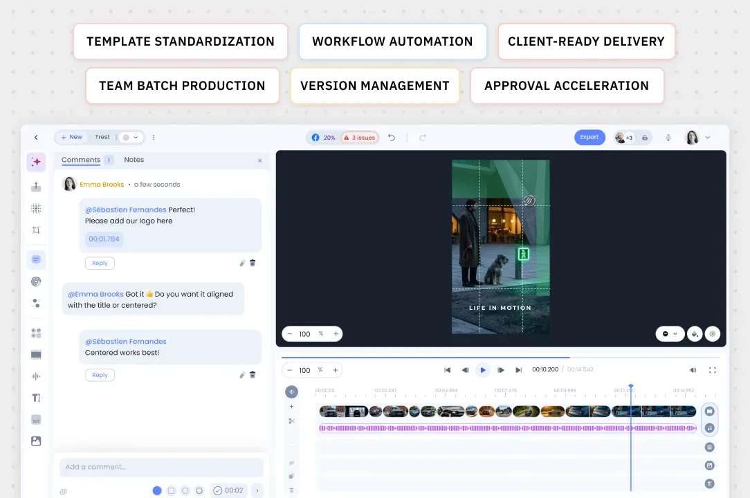 Aive workspace: timestamped comments between team members on a vertical version, above the project timeline.