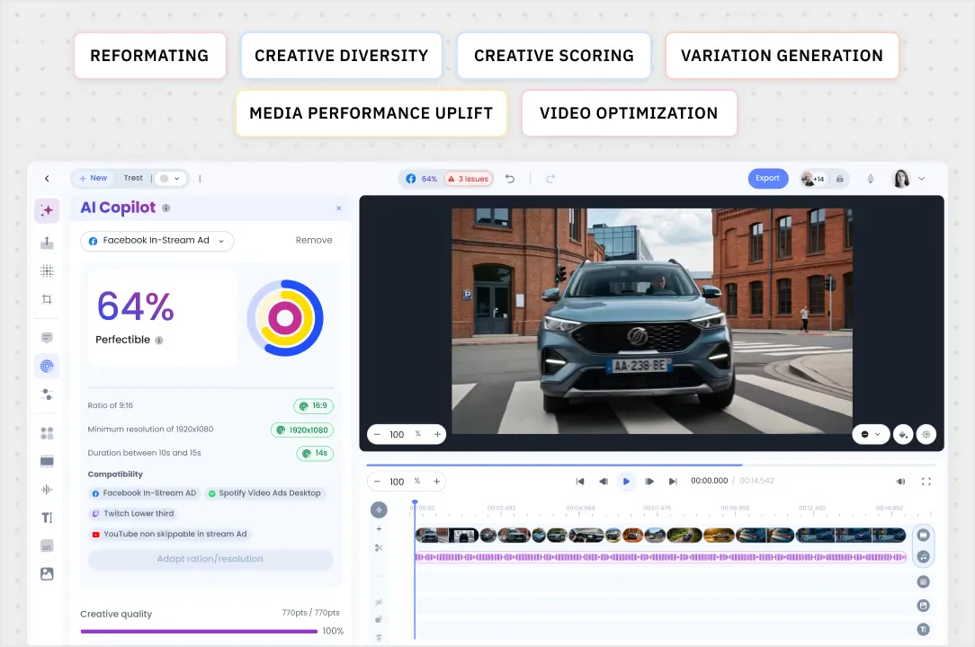 Aive Studio: the video split into shots on the timeline, analysed by the AI Copilot (score, per-platform compatibility, creative quality).